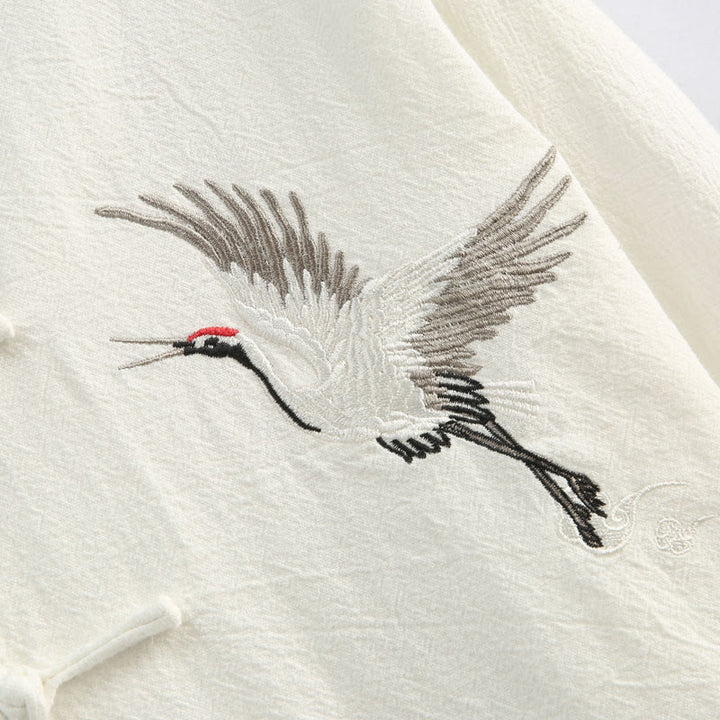 Buddha Stones中国の旧正月 鶴刺繍 唐装 漢服 長袖 トップス パンツ 衣類 コットンリネン メンズセット ポケット付き - image 8