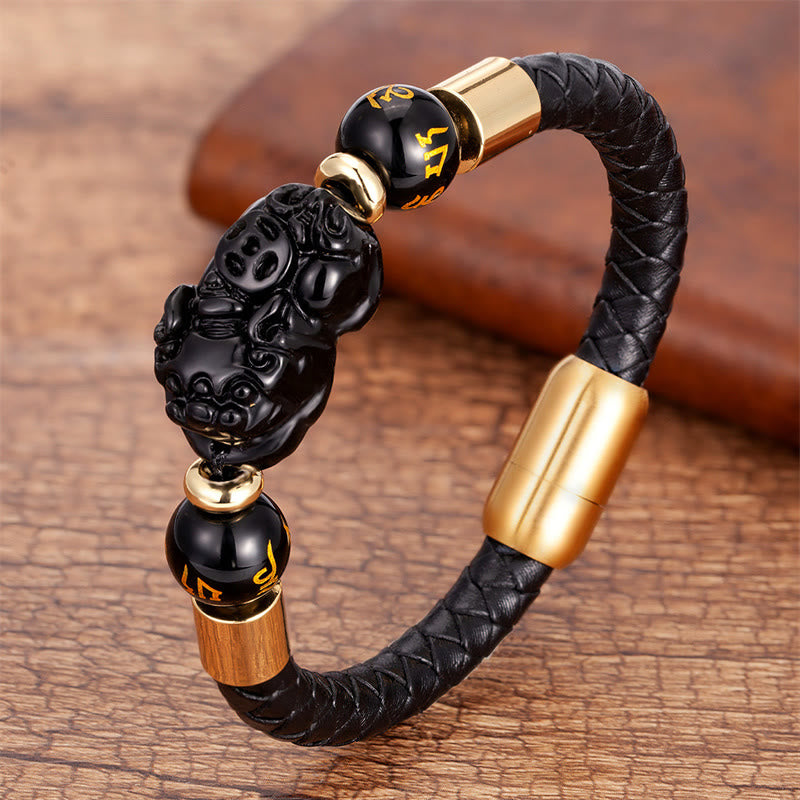 Buddha Stonesタイガーアイ ブラックオニキス レッドアゲート 貔貅 銅貨オーム・マニ・パドメ・フム強さ レザーブレスレット - ブラックオニキス - 18～22cm - image 6