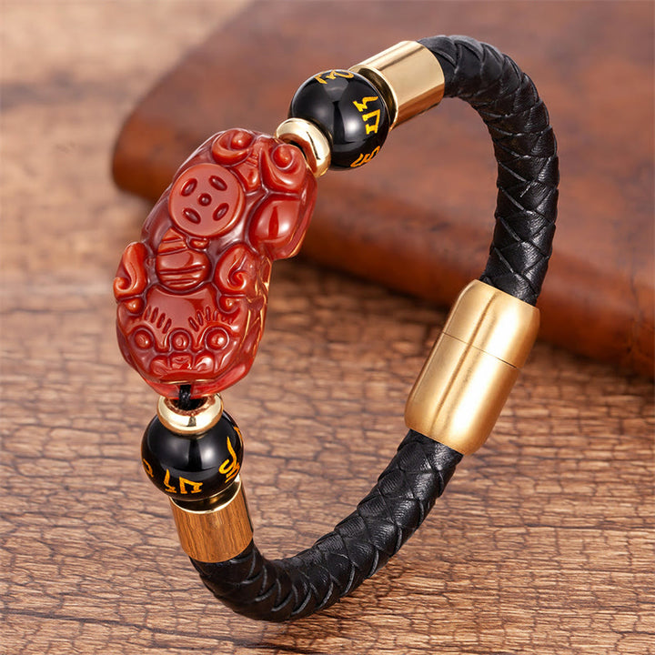 Buddha Stonesタイガーアイ ブラックオニキス レッドアゲート 貔貅 銅貨オーム・マニ・パドメ・フム強さ レザーブレスレット - 赤瑪瑙 - 18～22cm - image 10