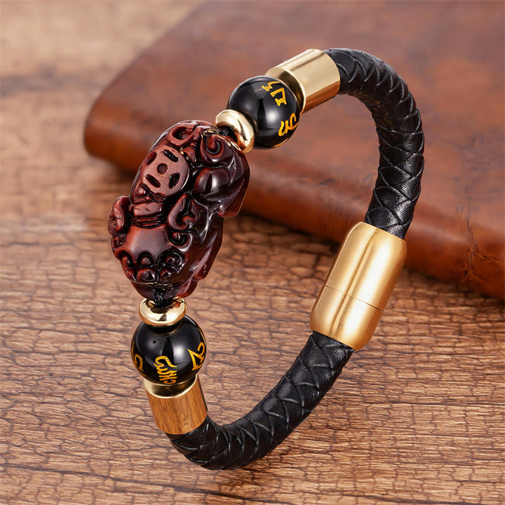 Buddha Stonesタイガーアイ ブラックオニキス レッドアゲート 貔貅 銅貨オーム・マニ・パドメ・フム強さ レザーブレスレット - レッドタイガーアイ - 18～22cm - image 12