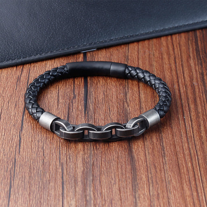 Buddha Stonesチェーンデザイン チタンスチール バランスレザー編みバックルブレスレット