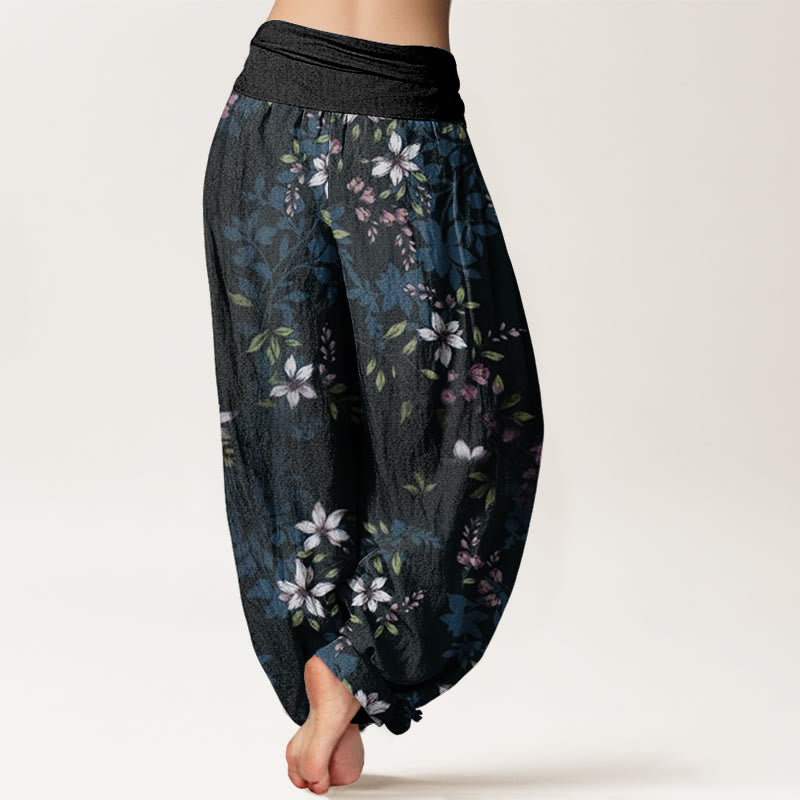 Buddha Stonesコットン 小さな白い花と緑の葉 レディース 伸縮性ウエスト ハーレムパンツ - image 1