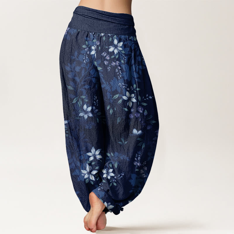 Buddha Stonesコットン 小さな白い花と緑の葉 レディース 伸縮性ウエスト ハーレムパンツ - image 5