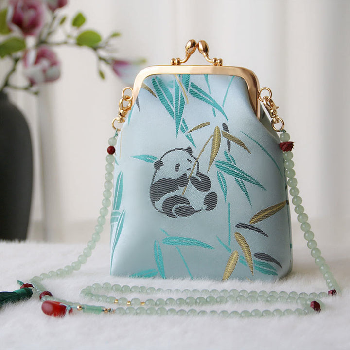Buddha Stonesのレトロな中国刺繍パールチェーンクロスボディバッグショルダーバッグ - シアンパンダ竹 14*6*18cm - image 23