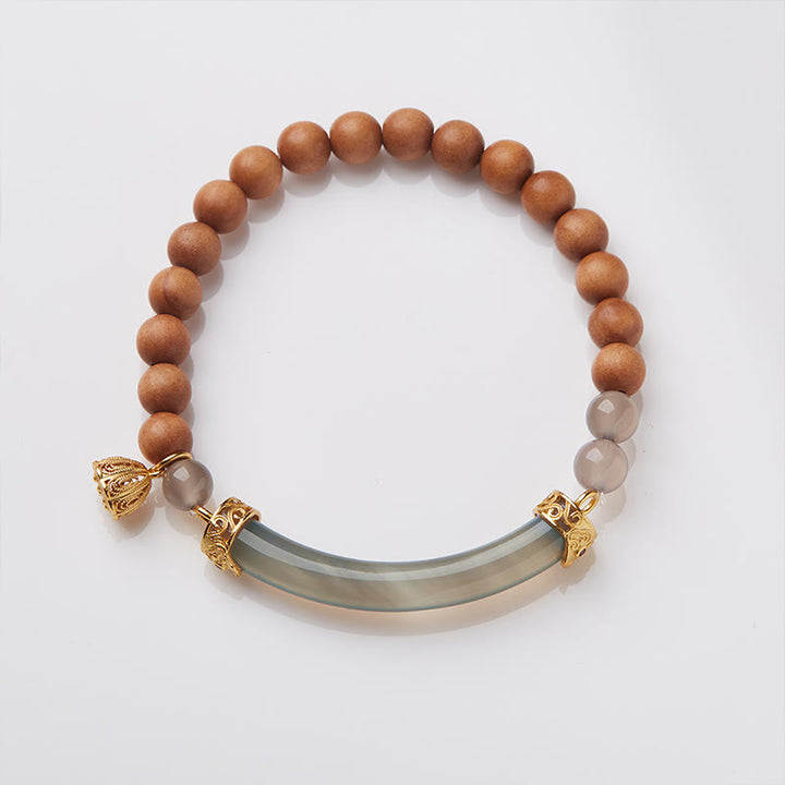Buddha Stonesサンダルウッド グレーアゲート カルセドニー カフ ハーフブレスレット バングル