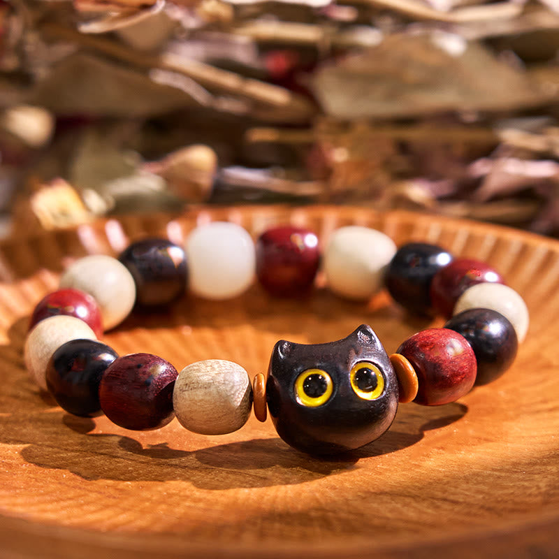 Buddha Stones小葉紫檀黒檀かわいい猫 彫刻守護ブレスレット - 黒檀（バランス♥落ち着き） - image 1