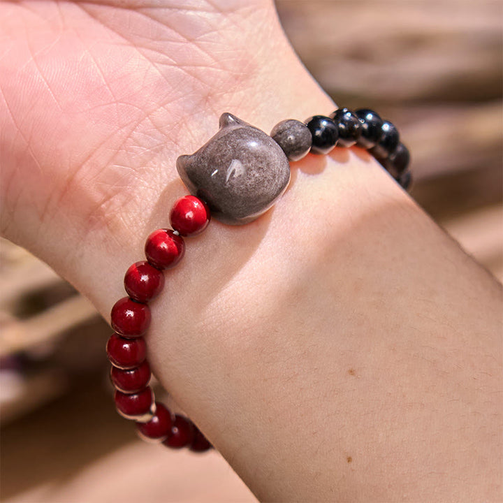 Buddha Stones黒曜石 辰砂 銀色 闇夜 黒曜石 猫 成就 ブレスレット - image 4