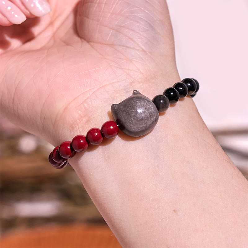 Buddha Stones黒曜石 辰砂 銀色 闇夜 黒曜石 猫 成就 ブレスレット - image 3