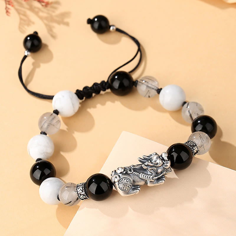 Buddha StonesPi Xiu 六つの真実の言葉 999 スターリングシルバー ブラックオブシディアン ホワイトターコイズ クリソベリル幸運ブレスレット - image 1