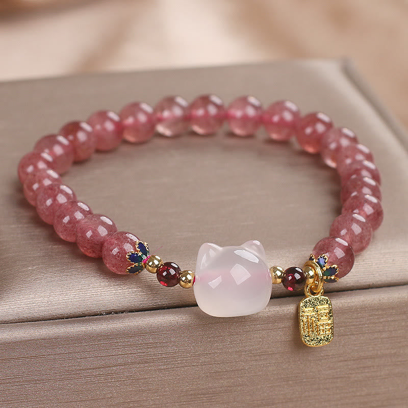Buddha Stones ストロベリークォーツ×白翡翠 猫モチーフ 福チャーム 癒しのヒーリングブレスレット - image 4