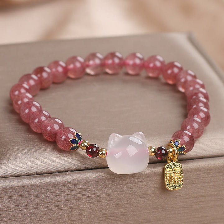 Buddha Stones ストロベリークォーツ×白翡翠 猫モチーフ 福チャーム 癒しのヒーリングブレスレット - image 4