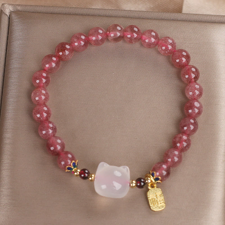 Buddha Stones ストロベリークォーツ×白翡翠 猫モチーフ 福チャーム 癒しのヒーリングブレスレット - image 11