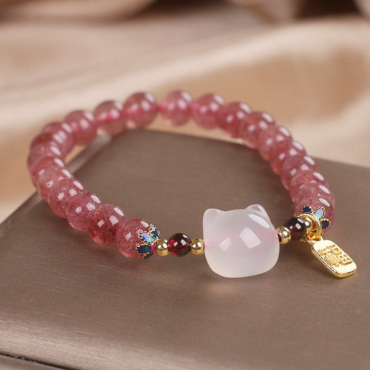 Buddha Stones ストロベリークォーツ×白翡翠 猫モチーフ 福チャーム 癒しのヒーリングブレスレット - image 5