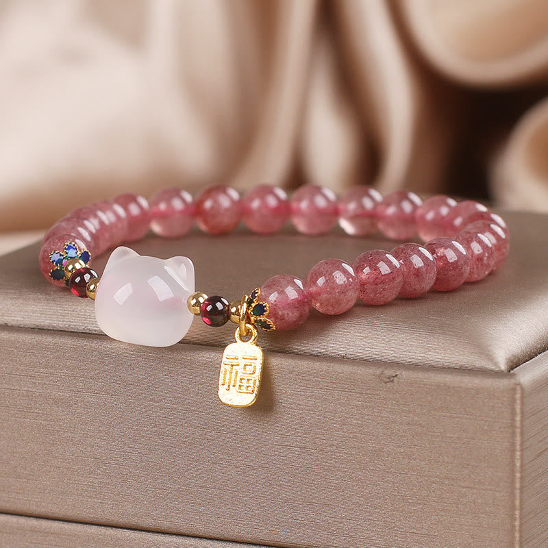 Buddha Stones ストロベリークォーツ×白翡翠 猫モチーフ 福チャーム 癒しのヒーリングブレスレット - image 2
