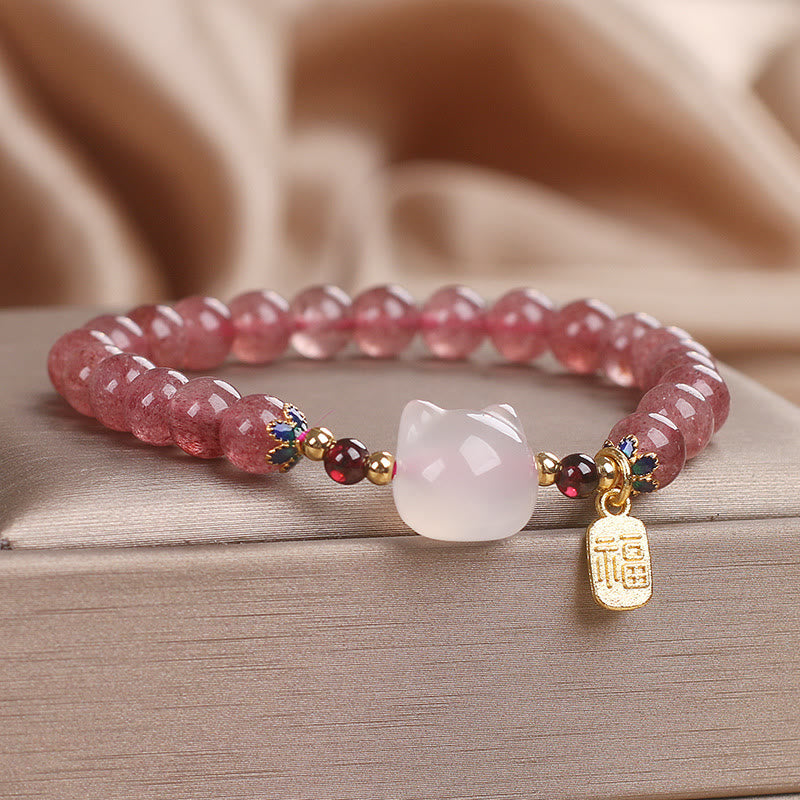 Buddha Stones ストロベリークォーツ×白翡翠 猫モチーフ 福チャーム 癒しのヒーリングブレスレット - image 3