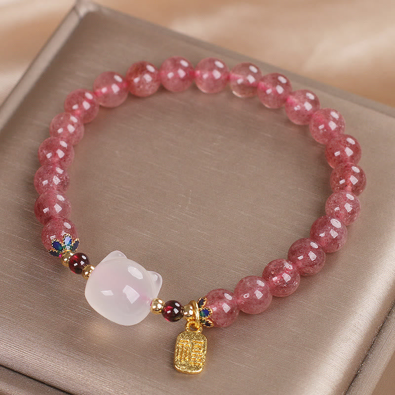 Buddha Stones ストロベリークォーツ×白翡翠 猫モチーフ 福チャーム 癒しのヒーリングブレスレット - image 12