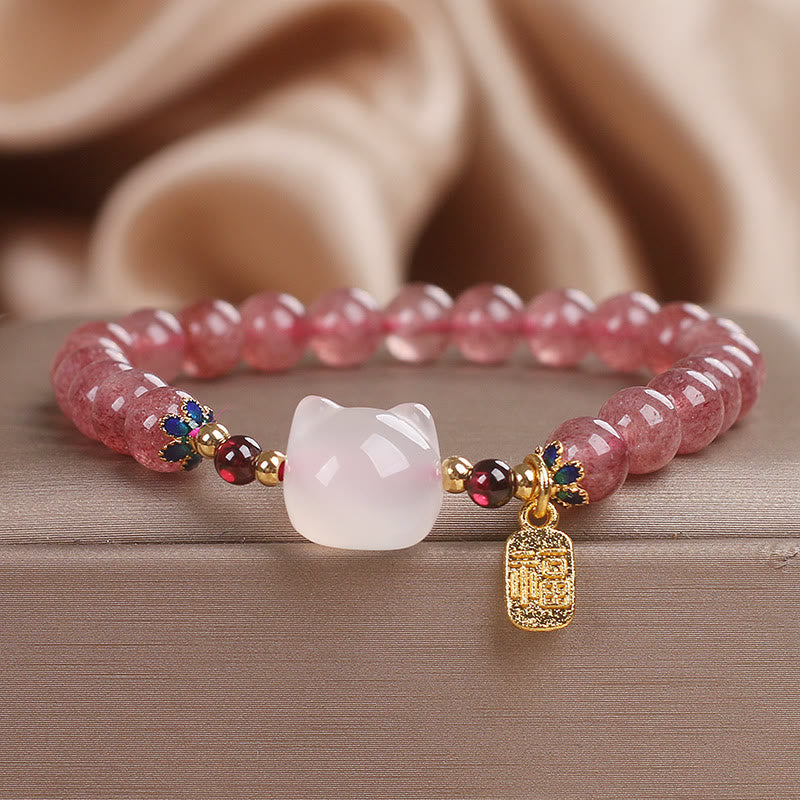 Buddha Stones ストロベリークォーツ×白翡翠 猫モチーフ 福チャーム 癒しのヒーリングブレスレット - ストロベリークォーツ ホワイトジェイド（手首周り：14～16cm） - image 1