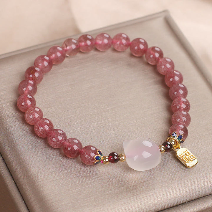 Buddha Stones ストロベリークォーツ×白翡翠 猫モチーフ 福チャーム 癒しのヒーリングブレスレット - image 10