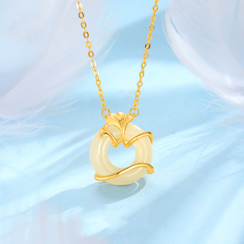 Buddha Stones和田翡翠 925スターリングシルバー ピース平和のお守りチャームイチョウの葉 ネックレス ペンダント - 925スターリングシルバーの金彩和田翡翠 - image 0