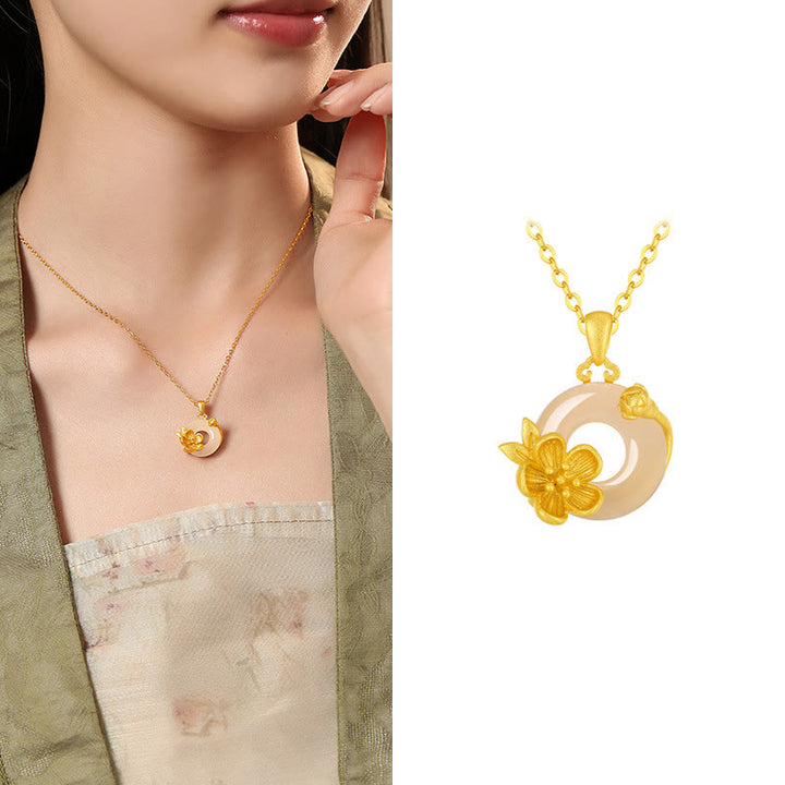 Buddha Stonesカルセドニー 925スターリングシルバー ピース平和のお守りチャームフラワーネックレスペンダント - アプリコットブロッサム - ゴールデン925スターリングシルバーカルセドニー - image 3