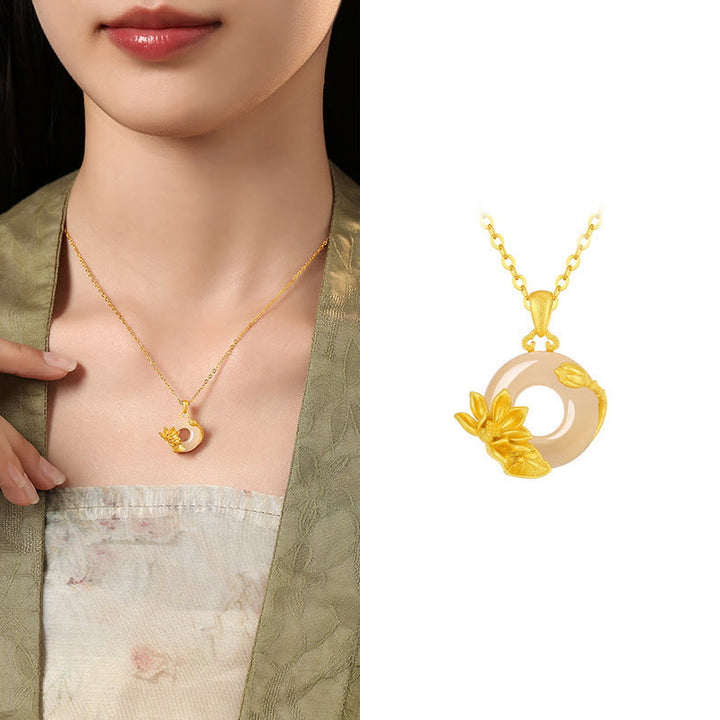 Buddha Stonesカルセドニー 925スターリングシルバー ピース平和のお守りチャームフラワーネックレスペンダント - 蓮 - ゴールデン925スターリングシルバーカルセドニー - image 16