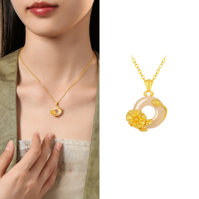 Buddha Stonesカルセドニー 925スターリングシルバー ピース平和のお守りチャームフラワーネックレスペンダント - タチアオイ - ゴールデン925スターリングシルバーカルセドニー - image 18