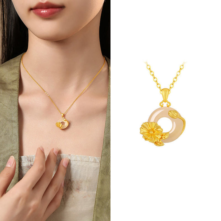 Buddha Stonesカルセドニー 925スターリングシルバー ピース平和のお守りチャームフラワーネックレスペンダント - タチアオイ - ゴールデン925スターリングシルバーカルセドニー - image 18