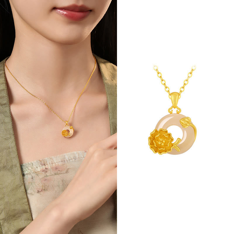 Buddha Stonesカルセドニー 925スターリングシルバー ピース平和のお守りチャームフラワーネックレスペンダント - ハイビスカス - ゴールデン925スターリングシルバーカルセドニー - image 24
