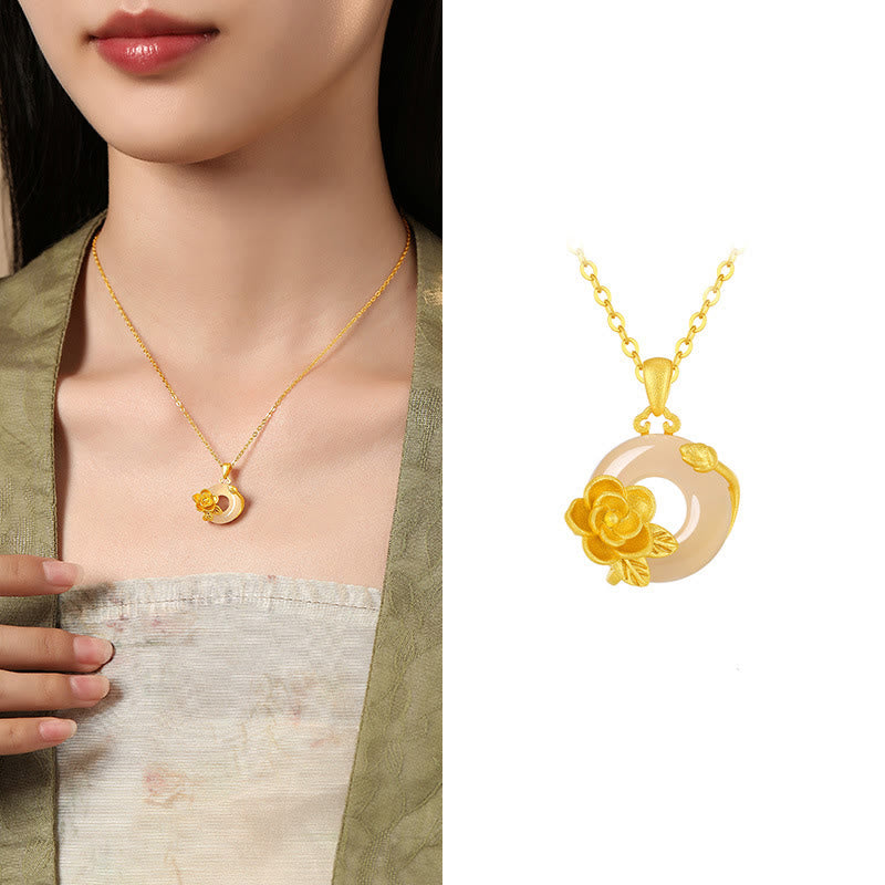 Buddha Stonesカルセドニー 925スターリングシルバー ピース平和のお守りチャームフラワーネックレスペンダント - カメリア - ゴールデン925スターリングシルバーカルセドニー - image 26