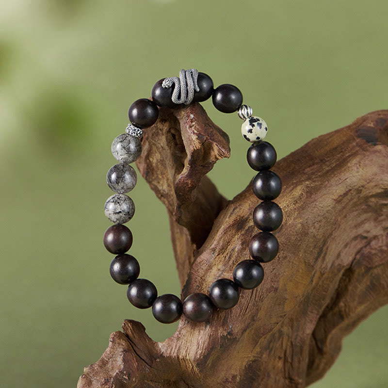 Buddha Stones黒檀ブラックルチルクォーツ 925スターリングシルバー 蛇年 バランスブレスレット - image 1