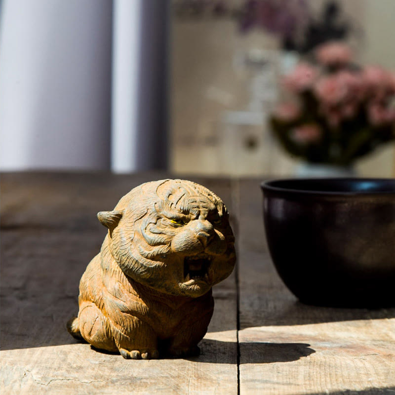 Buddha Stones手作り ミニ 咆哮する虎 鉄粉 錆 鋳造 樹脂 像 家の装飾