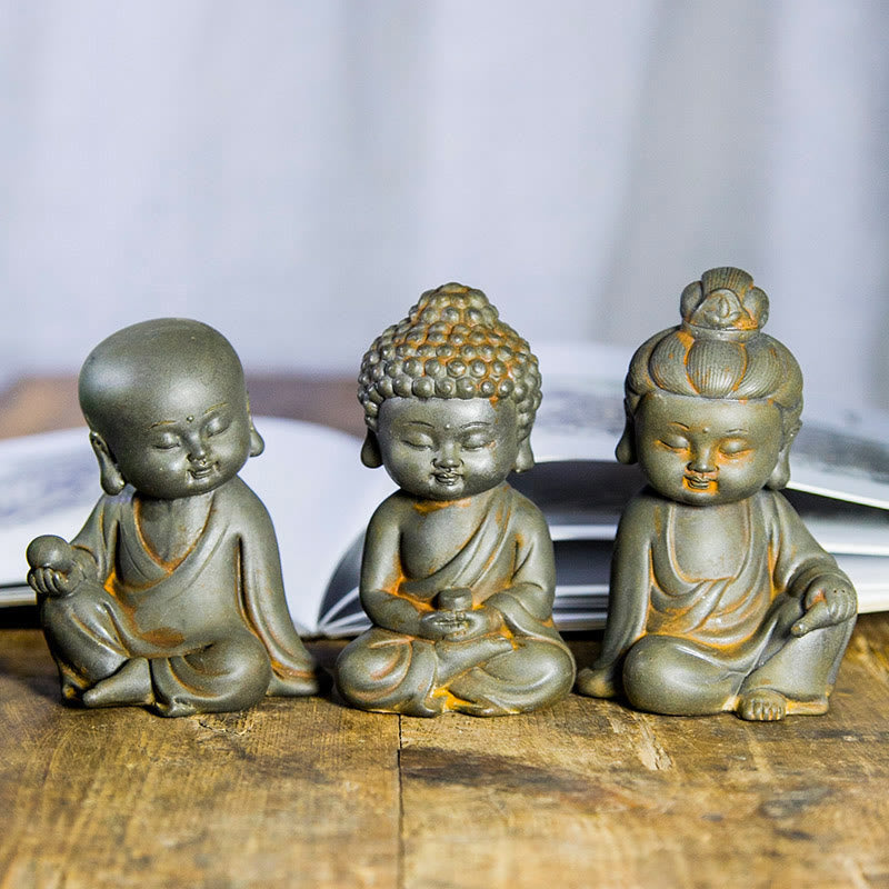 Buddha Stones手作り地蔵観音観音観音菩薩如来鉄粉錆キャスト樹脂像家の装飾 - Rustバージョン - 仏像3体セット - image 0