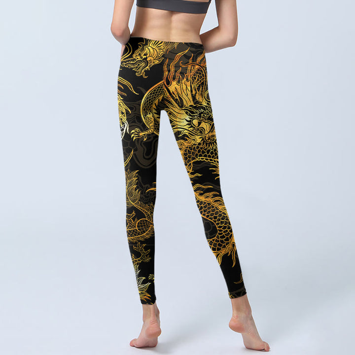 Buddha Stonesゴールデンドラゴンプリント ジムレギンス レディース ヨガパンツ - image 6
