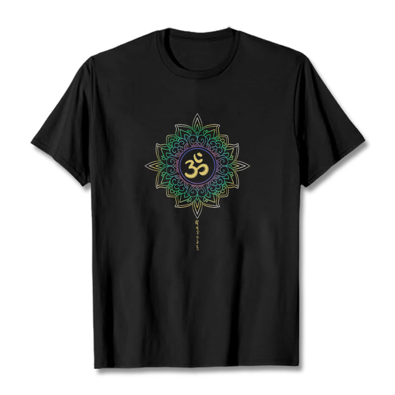 Buddha StonesOM イエローグリーン グラデーション ロータス コットン Tシャツ - 黒 - 2XL - image 3