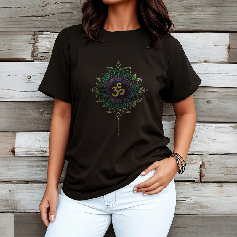 Buddha StonesOM イエローグリーン グラデーション ロータス コットン Tシャツ - image 3