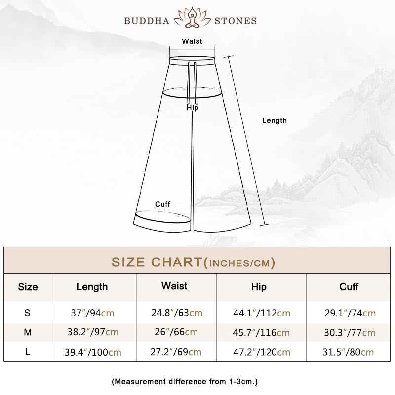 Buddha Stonesゆったりコットンリネン ドローストリング ワイドレッグパンツ ポケット付き