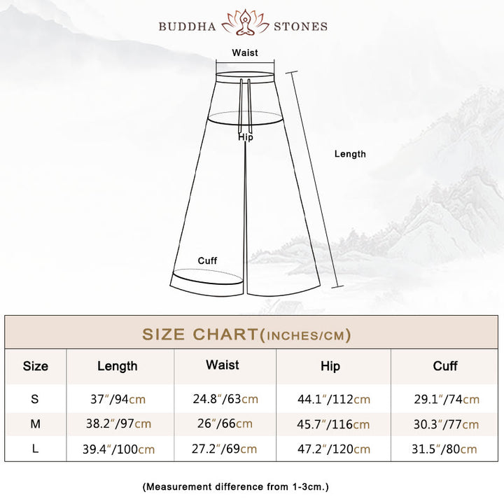 Buddha Stonesゆったりコットンリネン ドローストリング ワイドレッグパンツ ポケット付き
