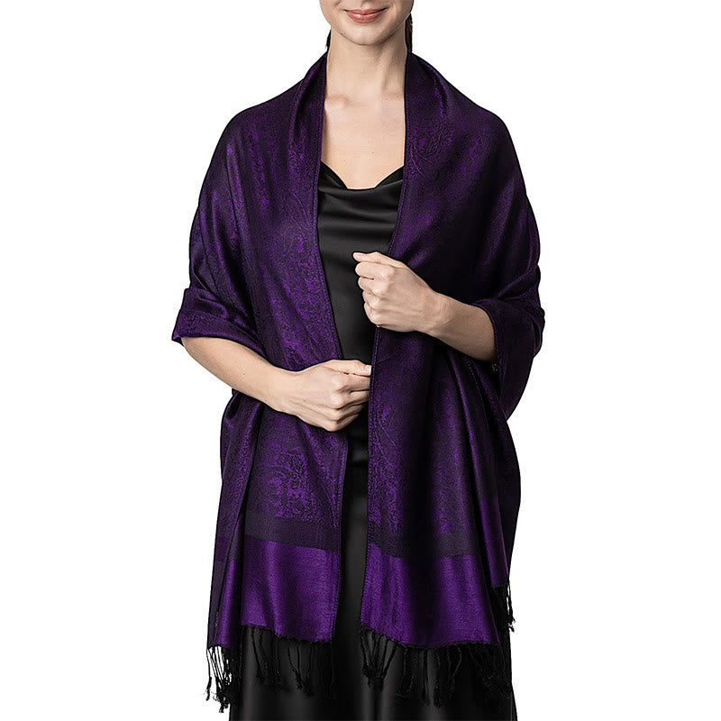 Buddha Stones、チベット産カシューナッツ、ジャカード織りのタッセル付きショール、春秋冬用、暖かく心地よいスカーフラップ - 紫色 180×70cm - image 36