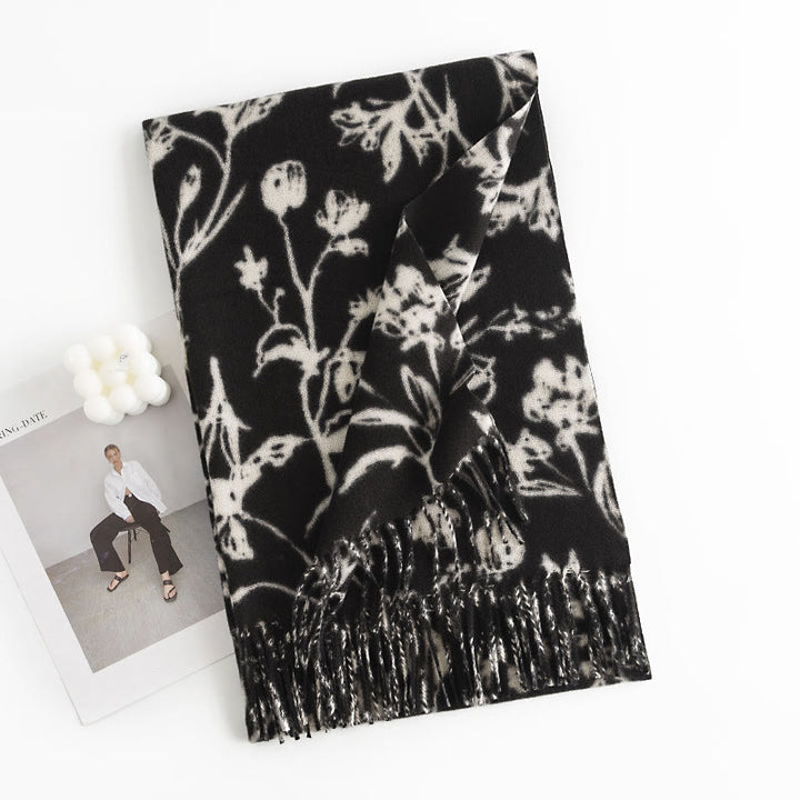 Buddha Stonesチベットショール 咲く花の枝プリント タッセル 秋冬 心地よい暖かいスカーフ ラップ - ブラック 上向き花 180×65cm - image 3
