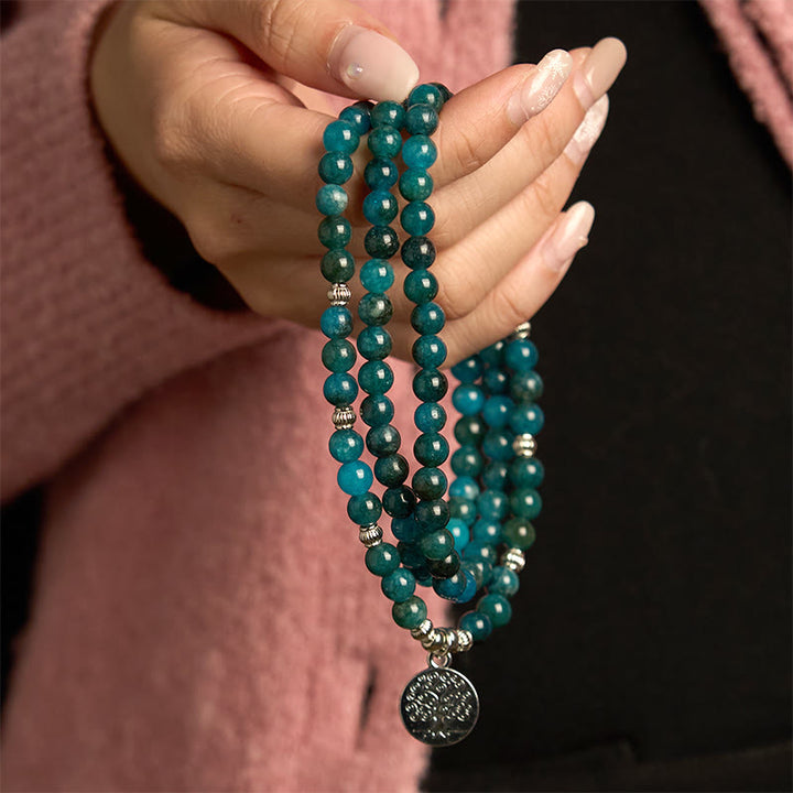Buddha Stones108 個のMalaビーズ アパタイトビーズ Om 生命の樹 蓮仏ブレスレット