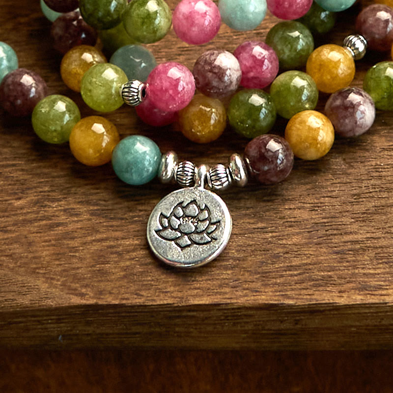 Buddha Stones 108 個入りMalaビーズ 多層天然トルマリン 蓮の知恵ブレスレット