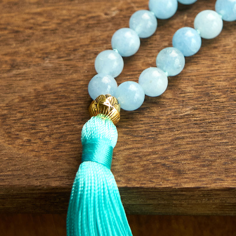 Buddha Stones 108Malaビーズ 天然石 アクアマリン タッセル ロータス ヒーリングブレスレット