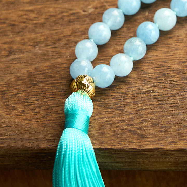 Buddha Stones 108Malaビーズ 天然石 アクアマリン タッセル ロータス ヒーリングブレスレット