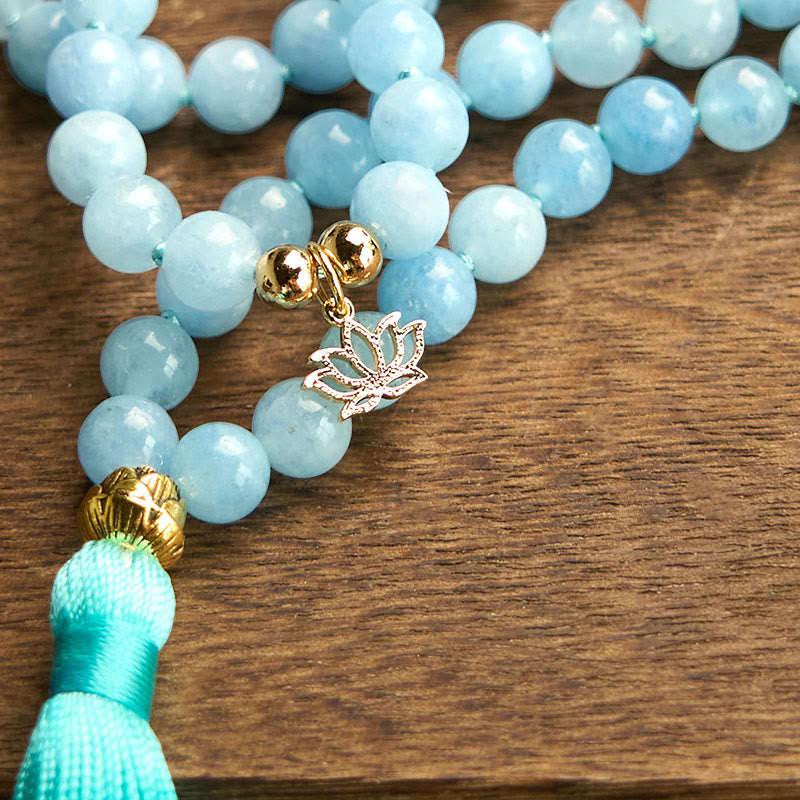 Buddha Stones 108Malaビーズ 天然石 アクアマリン タッセル ロータス ヒーリングブレスレット