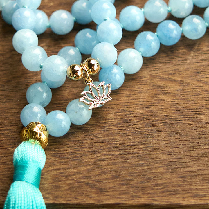 Buddha Stones 108Malaビーズ 天然石 アクアマリン タッセル ロータス ヒーリングブレスレット