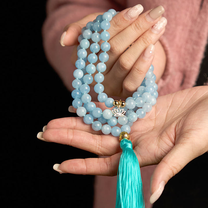 Buddha Stones 108Malaビーズ 天然石 アクアマリン タッセル ロータス ヒーリングブレスレット