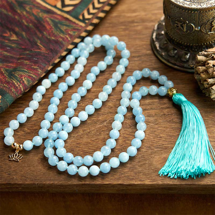Buddha Stones 108Malaビーズ 天然石 アクアマリン タッセル ロータス ヒーリングブレスレット