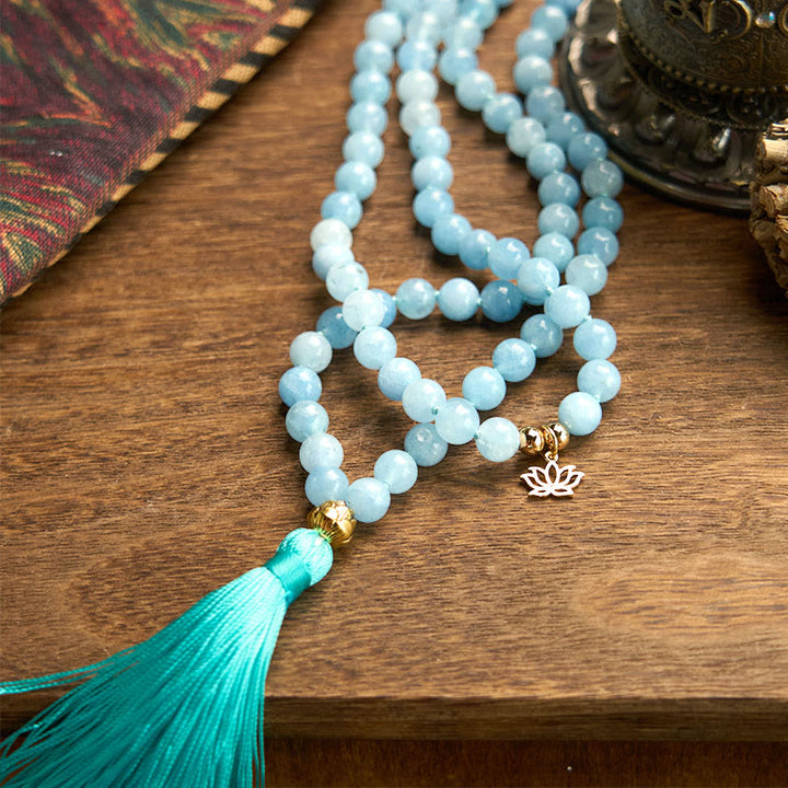 Buddha Stones 108Malaビーズ 天然石 アクアマリン タッセル ロータス ヒーリングブレスレット
