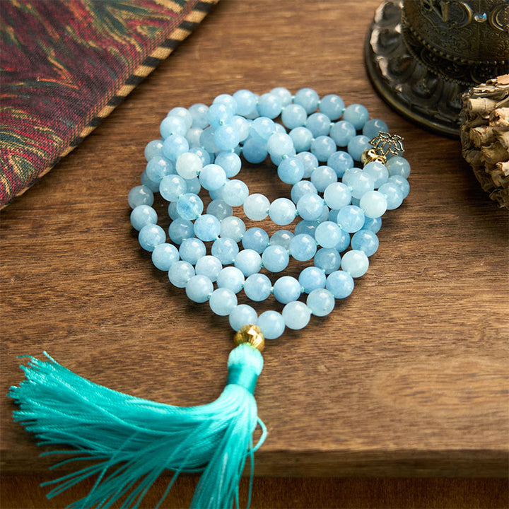 Buddha Stones 108Malaビーズ 天然石 アクアマリン タッセル ロータス ヒーリングブレスレット