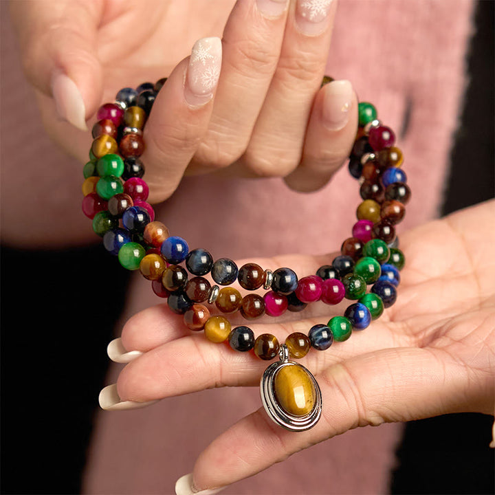 Buddha Stones 108マーラー数珠ビーズ 天然 カラフル タイガーアイ ストーン マルチターン守護ブレスレット - image 3